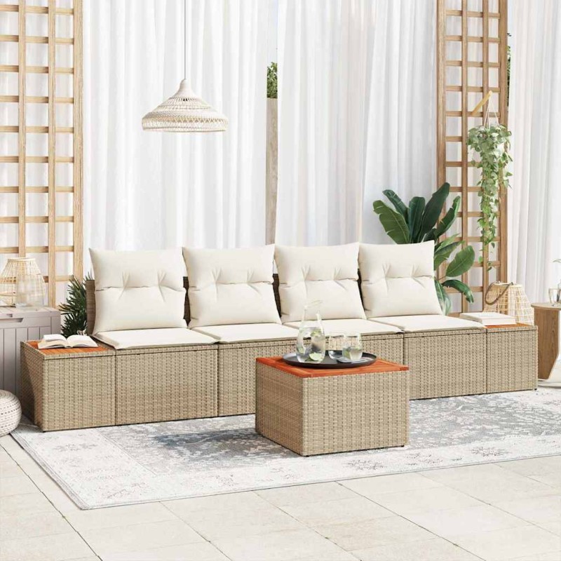 vidaXL Set di Divani da Giardino a 5 Pezzi con Cuscini Beige in Polyrattan e Acacia
