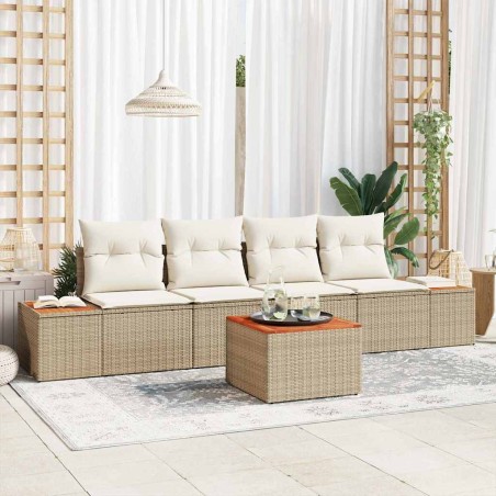 vidaXL Set di Divani da Giardino a 5 Pezzi con Cuscini Beige in Polyrattan e Acacia