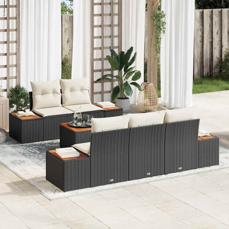 vidaXL Set da giardino in polyrattan nero con cuscini - 6 pezzi in legno d'acacia
