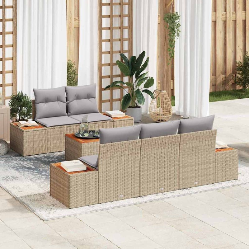 vidaXL Set Divano da Giardino 6 Pezzi con Cuscini Beige in Polyrattan e Acacia