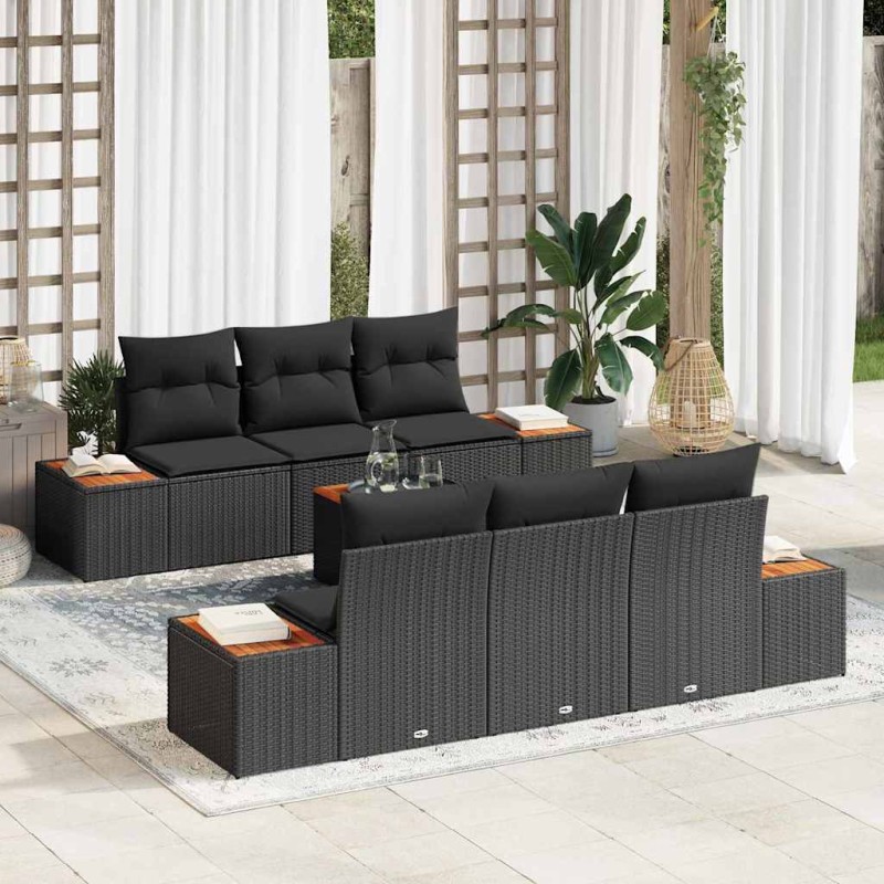 vidaXL Set di divani da giardino 7 pezzi in polirattan nero con cuscini in acacia