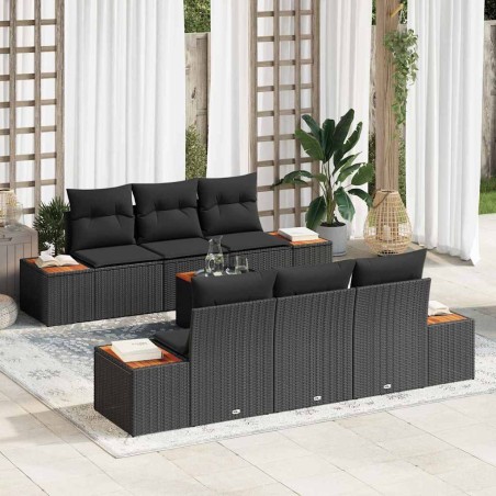vidaXL Set di divani da giardino 7 pezzi in polirattan nero con cuscini in acacia