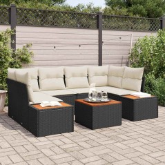 vidaXL Set da Giardino 7 Pezzi vitaXL con Cuscini Neri in Rattan di Polipropilene e Acacia
