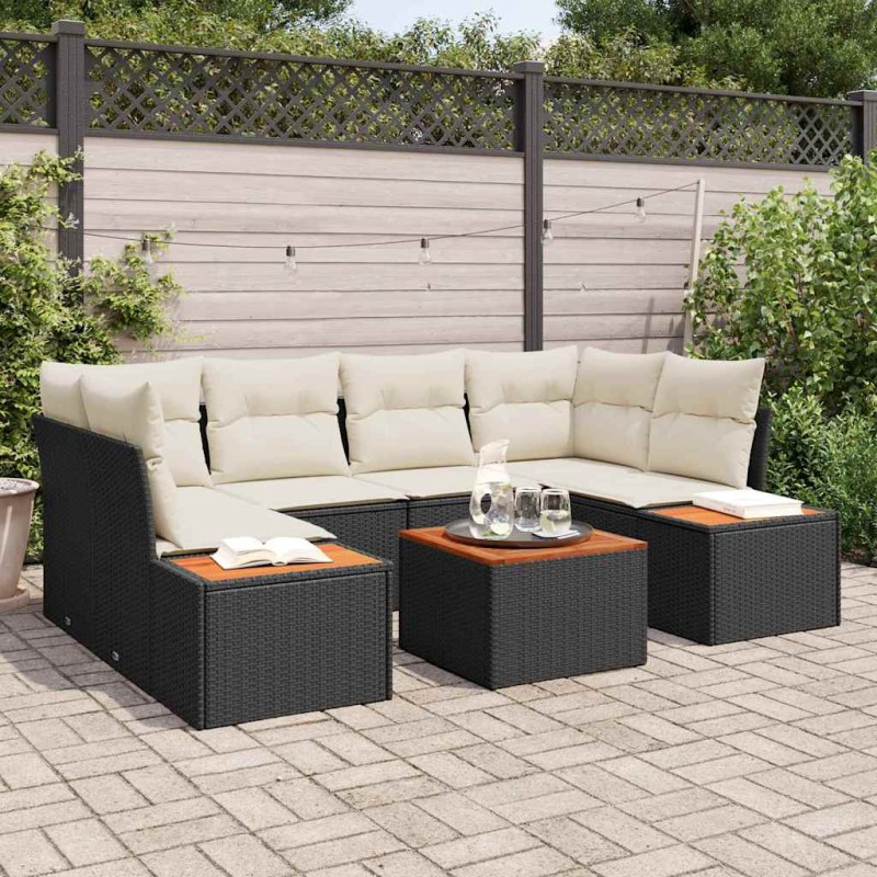 vidaXL Set da Giardino 7 Pezzi vitaXL con Cuscini Neri in Rattan di Polipropilene e Acacia
