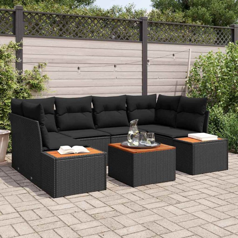 vidaXL Set di divani da giardino 7 pezzi con cuscini in policarbonato nero e acacia