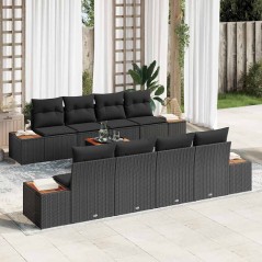 vidaXL Set di divani da giardino da 9 pezzi con cuscini in poly rattan nero e legno di acacia