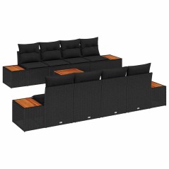 vidaXL Set di divani da giardino da 9 pezzi con cuscini in poly rattan nero e legno di acacia