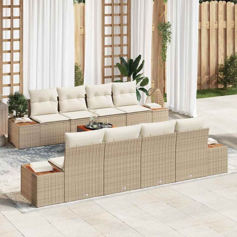 vidaXL Set di divani da giardino 9 pezzi con cuscini beige in rattan sintetico e acacia.