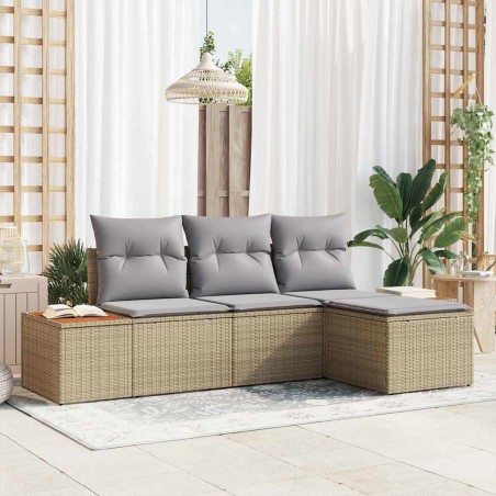 vidaXL Set di divano da giardino 4 pezzi con cuscini beige in polyrattan e legno di acacia