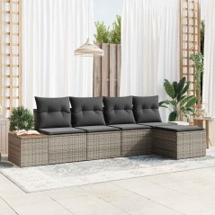 vidaXL Set divano giardino 5 pezzi con cuscini grigi in polirattan e acacia.
