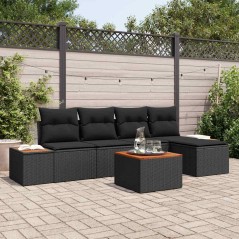 vidaXL Set da giardino con divano a 6 pezzi e cuscini in rattan nero e legno d'acacia.