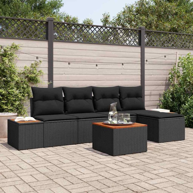 vidaXL Set da giardino con divano a 6 pezzi e cuscini in rattan nero e legno d'acacia.