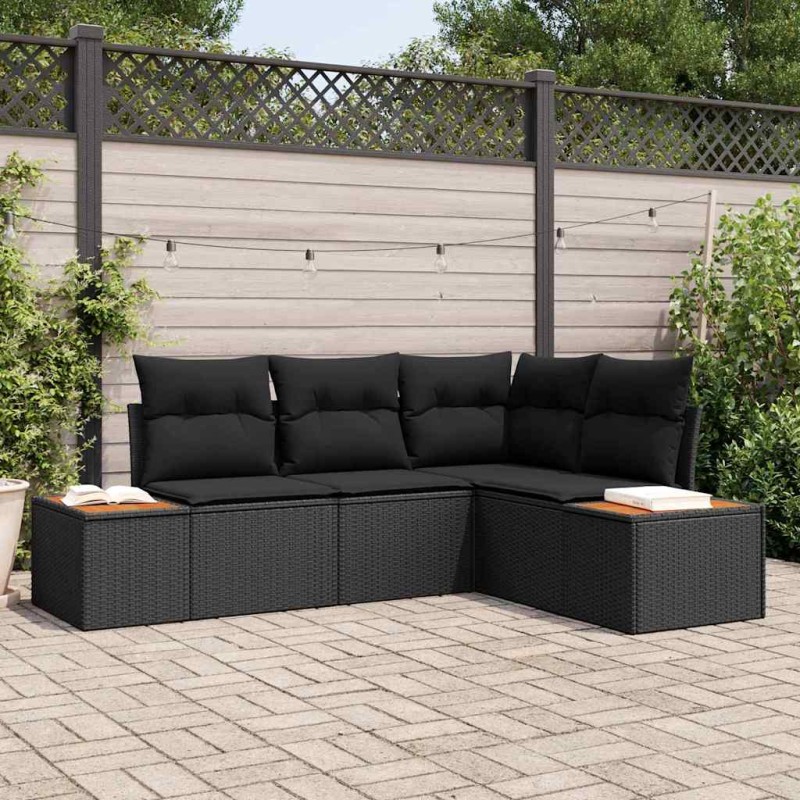 vidaXL Set Divano da Giardino in Polyrattan Nero con Cuscini 4 Pezzi in Acacia