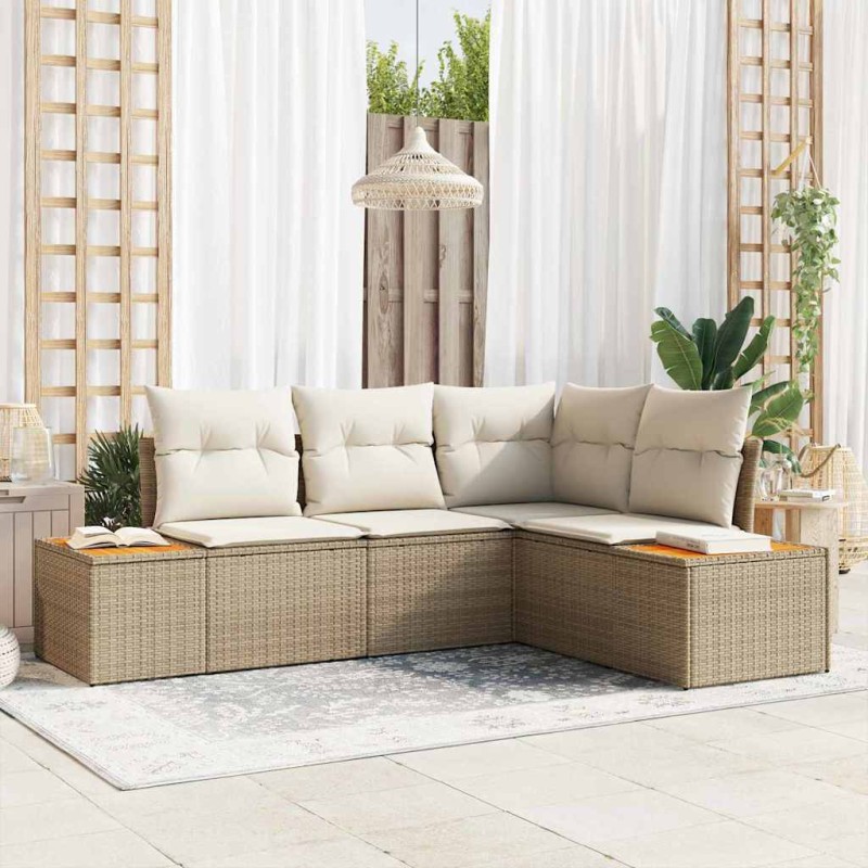 vidaXL Set Divano da Giardino , 4 Pezzi con Cuscini Beige in Rattan e Acacia