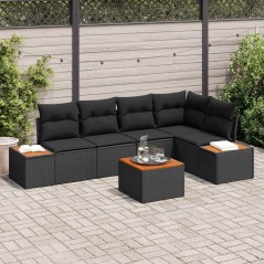 vidaXL Set di divani da giardino in 6 pezzi, con cuscini neri in rattan sintetico e legno di acacia.