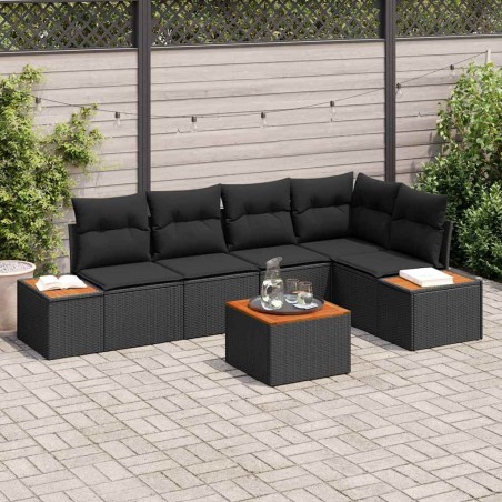 vidaXL Set di divani da giardino in 6 pezzi, con cuscini neri in rattan sintetico e legno di acacia.