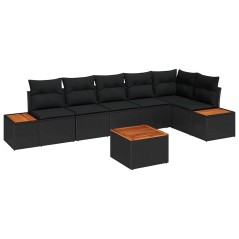 vidaXL Set di divano da giardino 7 pezzi con cuscini in rattan sintetico nero e legno di acacia