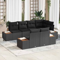 vidaXL Set di divano da giardino 7 pezzi con cuscini in rattan sintetico nero e legno di acacia.