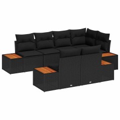 vidaXL Set di divano da giardino 7 pezzi con cuscini in rattan sintetico nero e legno di acacia.