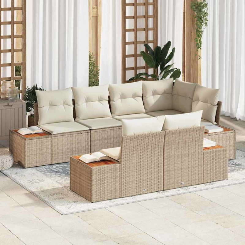 vidaXL Set di divani da giardino da 7 pezzi con cuscini in rattan poliestere beige e struttura in acacia.