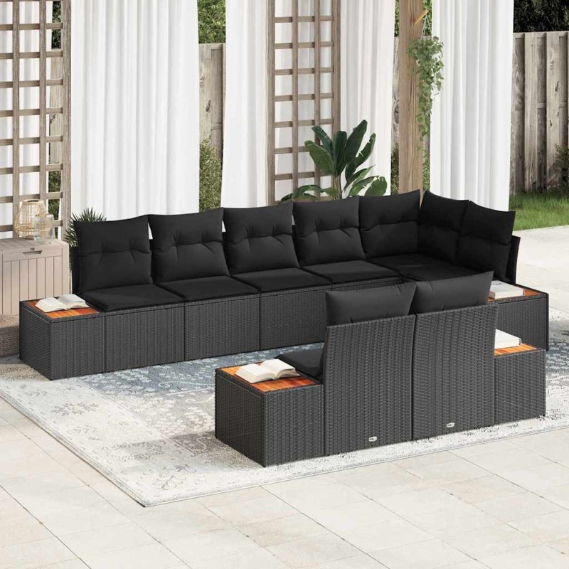 vidaXL Set di divani da giardino 8 pezzi con cuscini - Rattan sintetico nero e legno d'acacia
