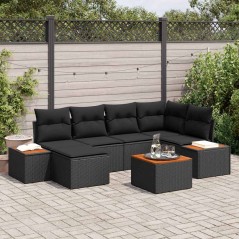 vidaXL Set Divano da Giardino 7 Pezzi con Cuscini in Polirattan Nero e Acacia