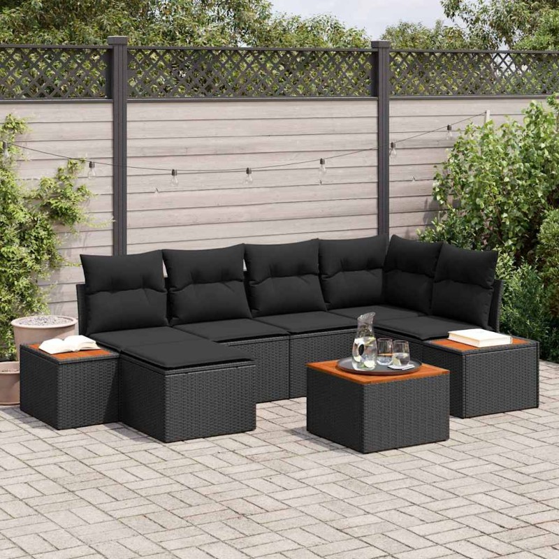 vidaXL Set Divano da Giardino 7 Pezzi con Cuscini in Polirattan Nero e Acacia