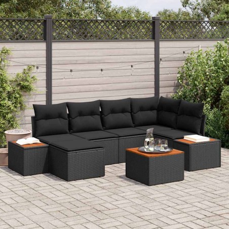 vidaXL Set Divano da Giardino 7 Pezzi con Cuscini in Polirattan Nero e Acacia