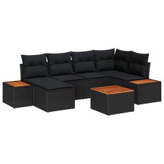 vidaXL Set Divano da Giardino 7 Pezzi con Cuscini in Polirattan Nero e Acacia