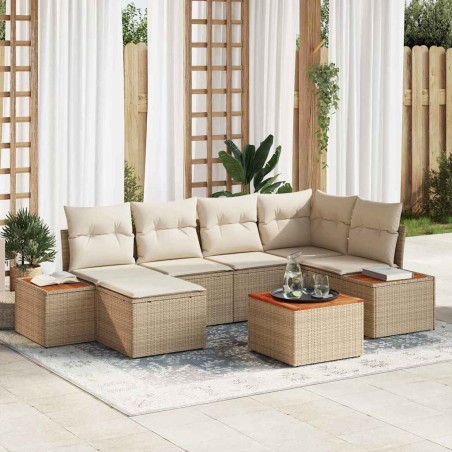 vidaXL Set Divano da Giardino 7 Pezzi in Rattan Sintetico Beige con Cuscini in Acacia