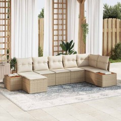 vidaXL Set da giardino di 7 pezzi , con cuscini in polirattan beige e acacia.