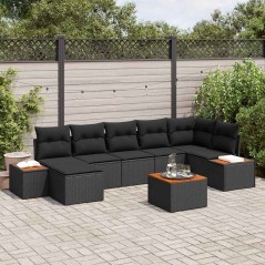 vidaXL Set da giardino 8 pezzi con cuscini in rattan sintetico nero e legno di acacia.