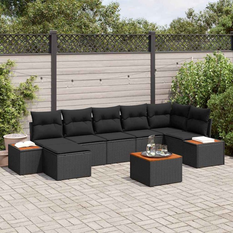 vidaXL Set da giardino 8 pezzi con cuscini in rattan sintetico nero e legno di acacia.