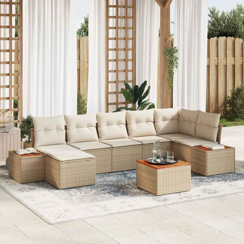 vidaXL Set di divano da giardino in 8 pezzi di con cuscini, rattan polietilene beige e acacia.