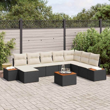 vidaXL Set di divano da giardino , 9 pezzi con cuscini in rattan nero e legno di acacia.