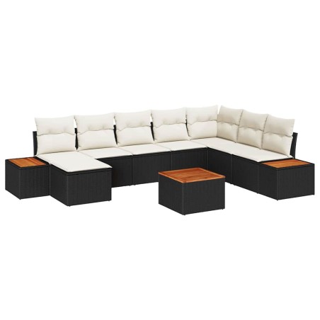vidaXL Set di divano da giardino , 9 pezzi con cuscini in rattan nero e legno di acacia.
