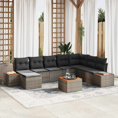 vidaXL Set da Giardino 9 Pezzi con Cuscini Grigi in Rattan, Poliestere e Acacia