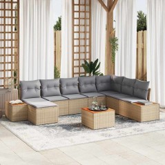 vidaXL Set di divani da giardino a 9 pezzi con cuscini beige in polyrattan e acacia