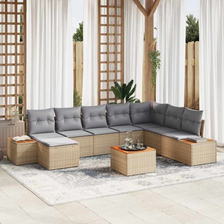vidaXL Set di divani da giardino a 9 pezzi con cuscini beige in polyrattan e acacia