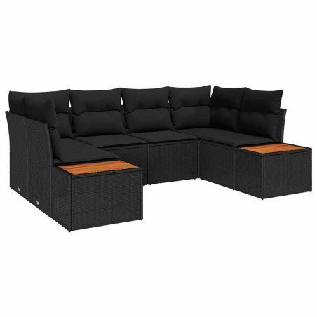 vidaXL Set di divano da giardino 6 pezzi con cuscini in polyrattan nero e legno di acacia.