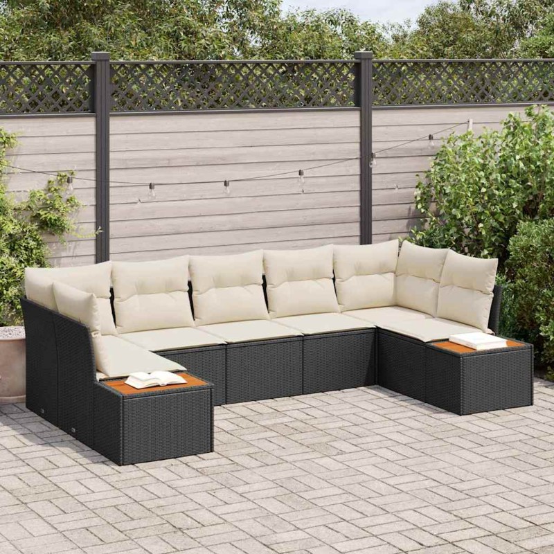 vidaXL Set da giardino 7 pezzi con cuscini neri in polyrattan e acacia