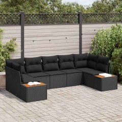 vidaXL Set di Sofà da Giardino a 7 Pezzi con Cuscini Neri in Polyrattan e Acacia