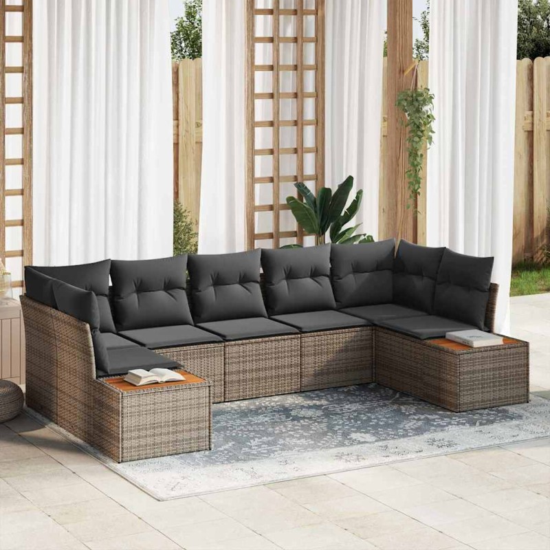 vidaXL Set da giardino di 7 pezzi con cuscini grigi in polyrattan e acacia.