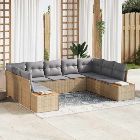 vidaXL Set di divani da giardino 9 pezzi con cuscini beige. È fatto di rattan sintetico e legno di acacia.