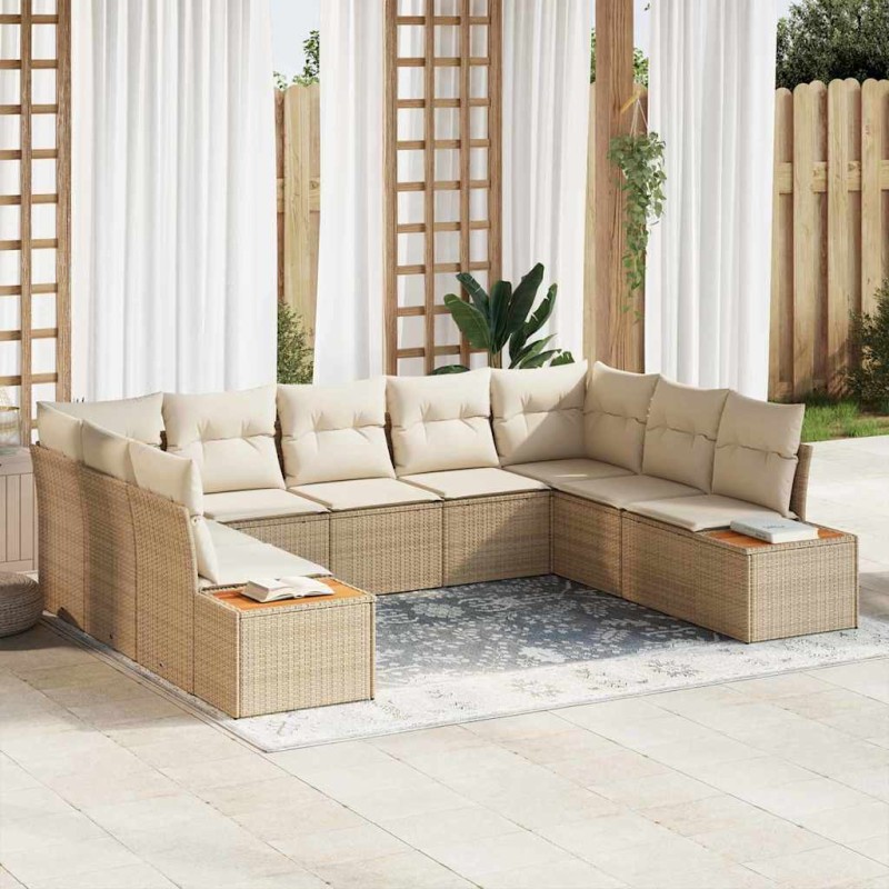 vidaXL Set Divano da Giardino 9 Pezzi con Cuscini Beige in Poly Rattan e Acacia