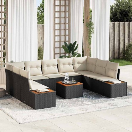 vidaXL Set da Giardino di 10 Pezzi con Cuscini, Rattan Polirattan Nero & Acacia