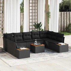 vidaXL Set Divano da Giardino da 10 Pezzi con Cuscini - Rattan Nero e Acacia