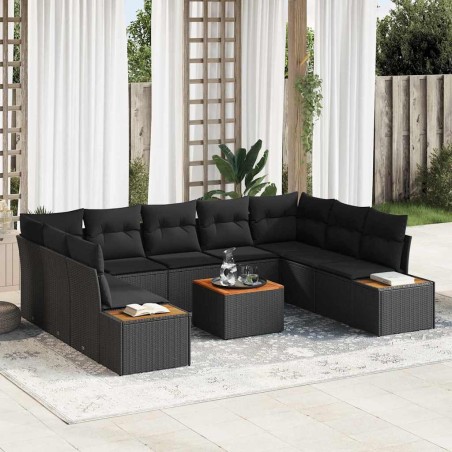 vidaXL Set Divano da Giardino da 10 Pezzi con Cuscini - Rattan Nero e Acacia