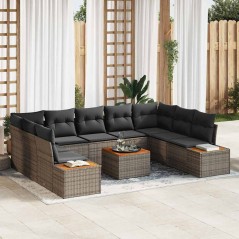 vidaXL Set da giardino da 10 pezzi con cuscini in polirattan grigio e legno d'acacia