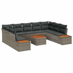 vidaXL Set da giardino da 10 pezzi con cuscini in polirattan grigio e legno d'acacia